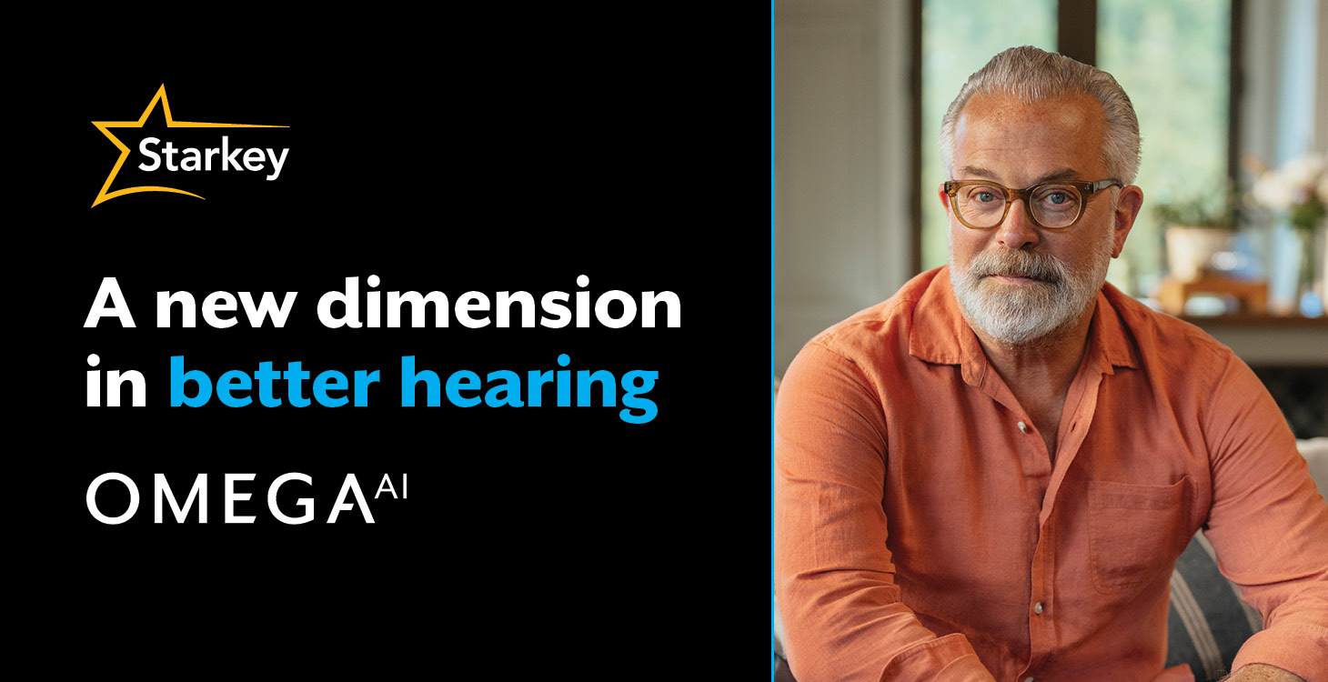 Image of middle aged man beside text that promotes Omega AI hearing aids
